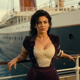 movie still of kylie jenner with a very big bust, standing on the upper deck outside, titanic ship exterior, directed by Quintin Tarantino