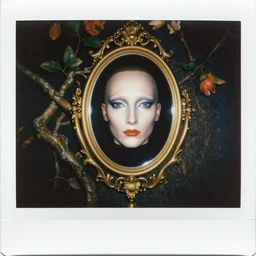 An instax still frame of The False Mirror by René Magritte from Prometheus movie and Alien movie featured in Vogue and Highsnobiety editorial fashion photography, beautiful eyes, symmetry face, haute couture dressed by Givenchy and Salvatore Ferragamo painted by Andrea Pozzo, in porcelain and metal and lush branch
