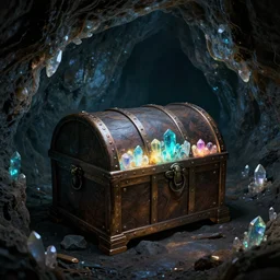 a treasure chest in a dark cave with glowing crystals on the walls, julie bell