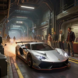 highly detailed photo of a super car driving through a corridor in a super secret lab, in gta v, stephen bliss, unreal engine, fantasy art by greg rutkowski, loish, rhads, ferdinand knab, makoto shinkai and lois van baarle, ilya kuvshinov, rossdraws, tom bagshaw, global illumination, radiant light, detailed and intricate environment