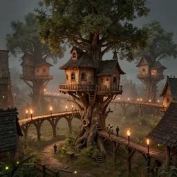 post - medieval village of treehouses, dry archways, torches on walkways, fireflies, light dust, by peter mohrbacher dan mumford craig mullins nekro, cgsociety, pixiv, volumetric light, 3 d render