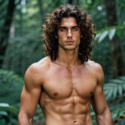 portrait of a muscular man, chiseled features, beautiful flowing brown curly hair, mythological, god of nature, defined muscles, artsy photography, film photo, 4 k, model posing, deep tan skin, trending on artstation, fashion photography, yellow eyes, overgrown background, dryad, verdant forest