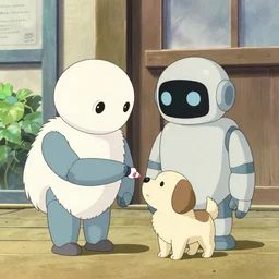 a cute robot making friendship with a cute little dog, by Dice Tsutsumi, Makoto Shinkai, Studio Ghibli