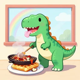 an illustration of a delicious 🌈 dinosaur barbecuing waffles, chewing gum window drapes, outside is the noir future, 1 6 : 9, screen print illustration