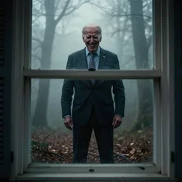 low quality iphone photo taken in front of a house window of joe biden with standing ominously in the foggy woods with a demonic smile in his face, creepy