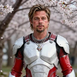 Brad Pitt armor war paint, detailed, jewelry, sakura,photograph,realistic,  award wining, red and white, trending on artstation, punk attitude, 4k, unreal engine 5, octane render, neon highlights