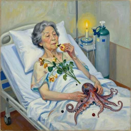 portrait of a japanese old lady in a hospital bed, sensual, wilted flowers, squashed berry stains, octopus, scientific glassware, eating rotting fruit, oxygen tank, candlelight, neo - impressionist, surrealism, acrylic and spray paint and oilstick on canvas