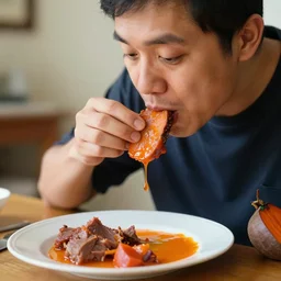( 1 ) orange beet man eating ( 2 ) meat