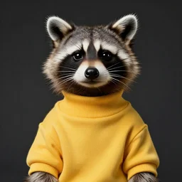 happy racoon wearing a yellow turtleneck, studio, portrait, facing camera, studio, dark bg