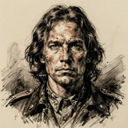 centered detailed portrait colonel kurtz, heart of darkness, art by jean giraud and moebius, grimy texture, realistic, expressive emotions, ink illustration