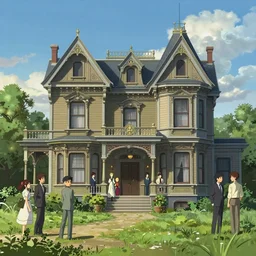 an ornate victorian house, party in front, scene in an open field. 1 8 9 0, key visual, conceptart, ambient lighting, highly detailed, digital painting, artstation, concept art, sharp focus, by makoto shinkai and akihiko yoshida and greg manchess