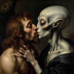 closeup portrait of alien kissing prehistoric caveman by hieronymus bosch, lucid dream - like heavy atmosphere, baroque painting, harsh flash photo, perfect composition, detailed octane render trending on artstation, 8 k artistic photography, volumetric cinematic perfect light, chiaroscuro, masterpiece, raphael, caravaggio, beksinski, rutkowski, beeple