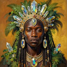 upper half portrait of retro futuristic african tribal chief - embellished with vegetation and iridescent crystals, art by alphonso mucha, highly detailed, digital painting, concept art, illustration, smooth sharp focus, intricate, symmetry, artstation, colourful,