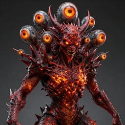 a highly detailed scary demon with multiple eyes and spikes, limbs by alex gray, android jones, karol bak, ayami kojima, artgerm, concept art, sharp angles, pattern, dragon skin, fire amber, glowing eyes, smirking expression, 3 d, octane render, 8 k, unreal engine
