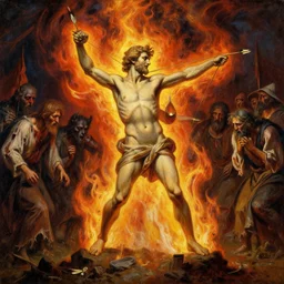 epic masterpiece oil painting of saint sebastian shot with arrows a human pincushion engulfed in hell fire parade of weeping pilgrims with bloodstained tattered clothes beset by demonic beasts lovecraft ecorche painted by wayne d barlowe