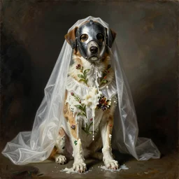 The beautiful dog in steel full-face mask under the white veil wearing a white dress and covered with melted white candle wax, flowers and plants grow on her skin, by Michelangelo da Caravaggio, Ilya Repin, William Blake and Beksinski, dramatic volumetric lighting, full body portrait, highly detailed oil painting, 4k, masterpiece