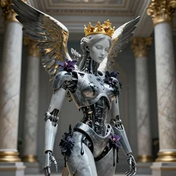 beautiful robot with a gold crown by alex grey + orchids dripping black iridescent liquid, winged victory, moody, dramatic, introspective, marble columns in background, transcendent, vibrant color, ornamented, clean linework, finely detailed, 4 k, trending on artstation, photorealistic, volumetric lighting, octane render