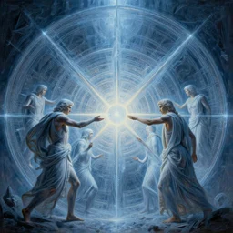 future disciples of Pythagoras, in perfect frozen symmetrical world, sinner cataclysm, dynamic lighting, deus ex machina, primeval duality, cinematic, establishing shot, extremely high detail, photo realistic, cinematic lighting, oil painting, intricate line drawings