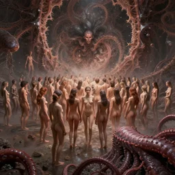 acid trip of the fractal end of the world by giger and vladimir kush, crowd of people in the center, big tentacle in bottom right, au naturel, hyper detailed, digital art, trending in artstation, cinematic lighting, studio quality, smooth render, octane rendered...