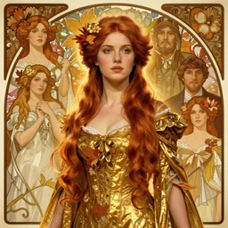 sargent, leyendecker, greg hildebrandt, highly detailed portrait of a woman with long auburn hair, dress of gold and autumn, stephen bliss, unreal engine, by greg rutkowski, loish, ferdinand knab, ilya kuvshinov, rossdraws, tom bagshaw, alphonse mucha, global illumination, radiant light, detailed and intricate environment