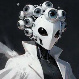 portrait of a character with many robotic eyes, wearing sleek clothes, wearing a flowing white tailcoat, wearing a futuristic insectoid armored white mask with five circular lenses for eyes, many eyes, dramatic lighting, illustration by Greg rutkowski, yoji shinkawa, 4k, digital art, concept art, trending on artstation
