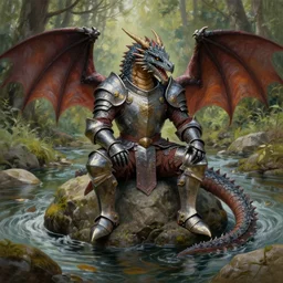 A dragon dressed in armor sitting on a rock within a woodland creek, highly detailed, trending on pixiv, realistic oil paint artwork made in 2020.