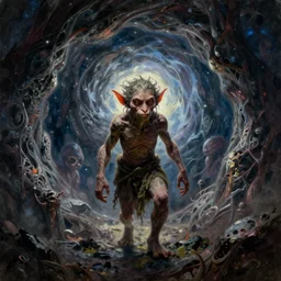 an arrogant goblin steps casually into the abyssal portal, only to be met with unimaginable horrors from beyond. his body and mind are completely annihilated as he witnesses the end of time. space itself begins to warp into a single point of light and for a few silent moments the goblin knows everything, from his world and beyond. dark fantasy, oil painting, high detail