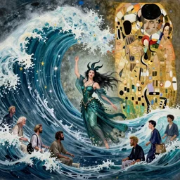 a sea witch summoning a giant wave by dan mumford and gustav klimt and john harris and jean delville and victo ngai, highly detailed, photorealism, hyperrealistic