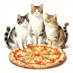 samurai pizza cats, ink and watercolor illustration masterpiece, perfectly realistic yet surreal, by ryan ottley and mœbius
