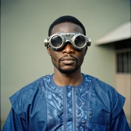 an analogue portrait photo of a igbo man - in native traditional clothes - wearing futuristic mecha steam punk goggles, 35mm, f/1.4,