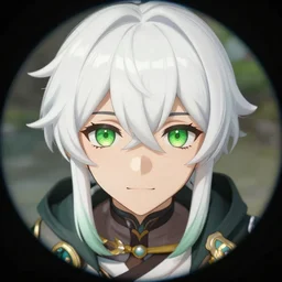 white haired young guy with green eyes, beautiful anime portrait, stunning symmetry, ecchi style, makoto shinkai, genshin impact, high quality, art, octane engine, close shot, fisheye
