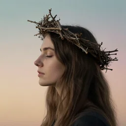 woman's profile, long hair, closed eyes, wearing a twig crown by Willem Kalf and William Eggleston. masterpiece. hq. detailed. moody. gradient pastel color background. cinematic.