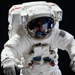 a close up photo of an astronaut floating in space. you can see the reflection of the photographer in his helmet.