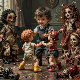 a war of action dolls in a room of a crazy boy, he has several broken and deformed horror toys