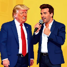 pixel art of donald trump and rick astley singing together