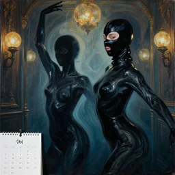 two abstract beautiful female body silhouettes, beautiful acrylic fluid portrait, photography by amy leibowitz, renaissance painting, black latex female balaclava, female calendar, ballerina body covered with black water, underwater, old victorian room with glowing globes, close up portrait, cinematic still, film still, magic hour, dark shadows, fashion portrait, cold colors, long exposure,