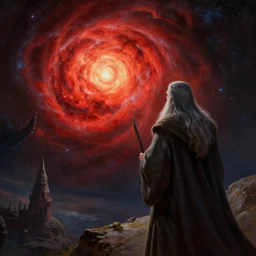 a beautiful painting of gandalf watching a red giant star going supernova in the sky of an alien world, ray traced lighting by jean kalin popov and greg rutkowski