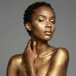 the portrait of the absurdly beautiful, graceful, elegant, gorgeous, fashionable photorealistic black female made with gold, an ultrafine hyperdetailed photograph by irakli nadar, intricate linework, bright colors, octopath traveler, final fantasy, unreal engine highly rendered, global illumination, radiant light, intricate environment