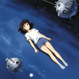 a lonely girl floating in a spacestation, yoshitoshi abe, yuya nagai, Ilya Kuvshinov, murata range, jean giraud, makoto shinkai,rembrandt, japanese, kawaii, sketch, alphonse mucha, vibrant colors, matte print, high saturation, detailed, octane render, 1980s