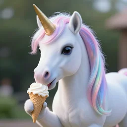 an ultra high definition pastel coloured photograph of a real life unicorn eating and ice cream. refraction, volumetric lighting iridescence.