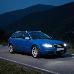 Denim Blue Audi A4 B7 Avant (2006) on a mountain road at night, wide shot