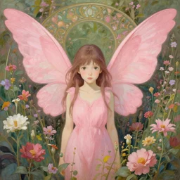 one pink fairy with large wings exploring her lonely flower garden by herself in the style of tom bagshaw, william bouguereau, greg rutkowski, loish, rads, beeple, makoto shinkai, lois van baerle, ilya kuvshinov, rossdraws, alphonse mucha extremely detailed, muted colors, symmetrical face, large eyes, beautiful face