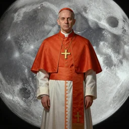 a cardinal priest alone on the moon. artstation. digital art. high quality. painting. detailed clothes and background.