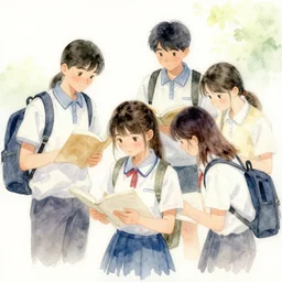 a group of students, watercolor, trending on art station, 4 k