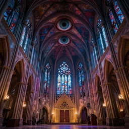large gothic hall with large eyes on the ceiling, horror movie, artstation, detailed, colorfull, futuristic
