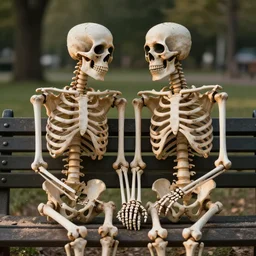 front view portrait of two! romantic skeleton! sitting on a park bench, tenderly holding their hands, partially covered with dust, cinematic lighting, late afternoon, photorealistic image