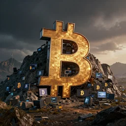 a mountain made out of computer screens that display bitcoin logos, cinematic, post - apocalyptic landscape, unreal engine 5, harsh contrast lighting