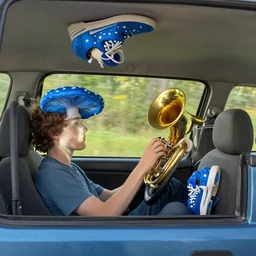 magic mushrooms make him hallucinate until his shoes turn blue and his head falls off, but he drives home while the tuba plays the death march