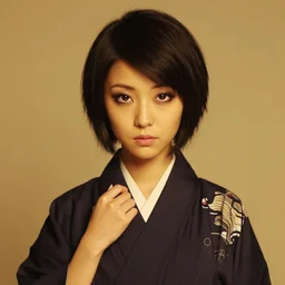 portrait photography of Noodle from the band Gorillaz ,Noodle is a short and thin Japanese woman with short hair and almond-shaped eyes. Her skin generally has a warm olive tone and she tends to wear a small amount of makeup, which usually consists of painted fingernails and eye shadow. Noodle's hair is short dark and black, classic kimono jackets on top of kimono shirts