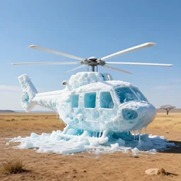 Collossal ice block shaped like a helicopter melting in a sunny savannah